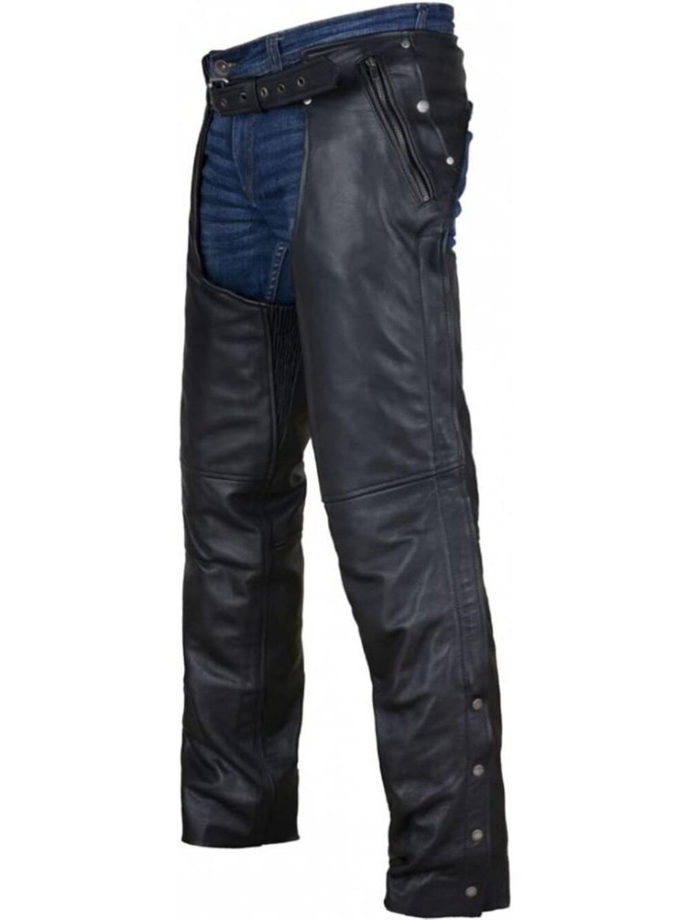 Stylish Black Leather Motorcycle Chaps for Men & Women, Zip-Out Liner, 4 Pockets
